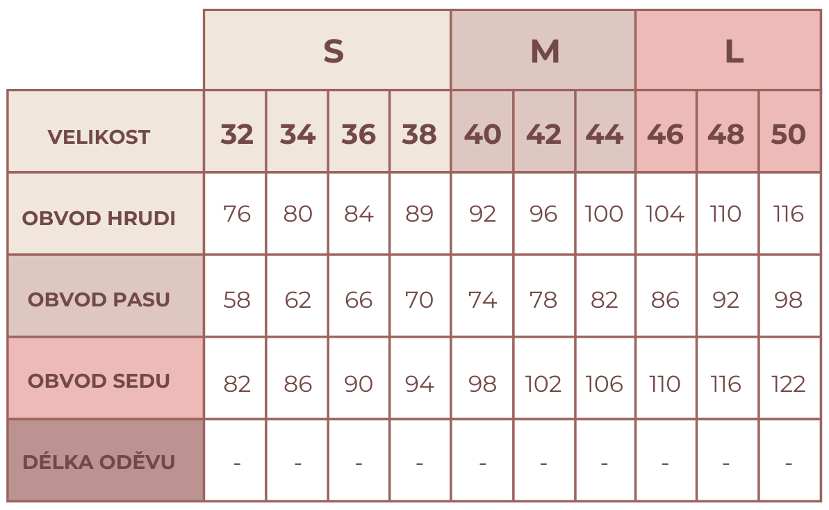 Tabulka velikostí A4  Bolerko Bamboo